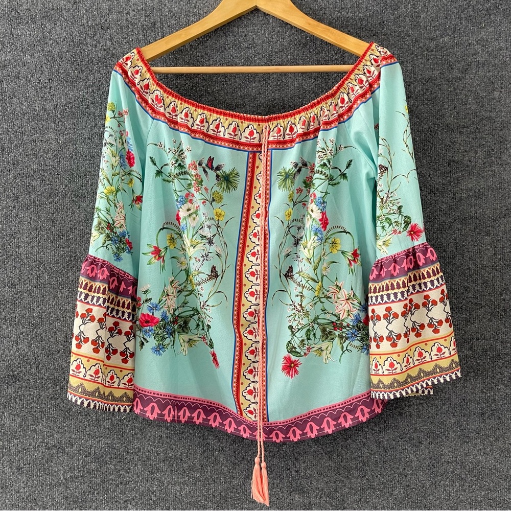UMGEE Womens Off The Shoulder Boho Top Size Medium Teal Vacation - Picture 2 of 9